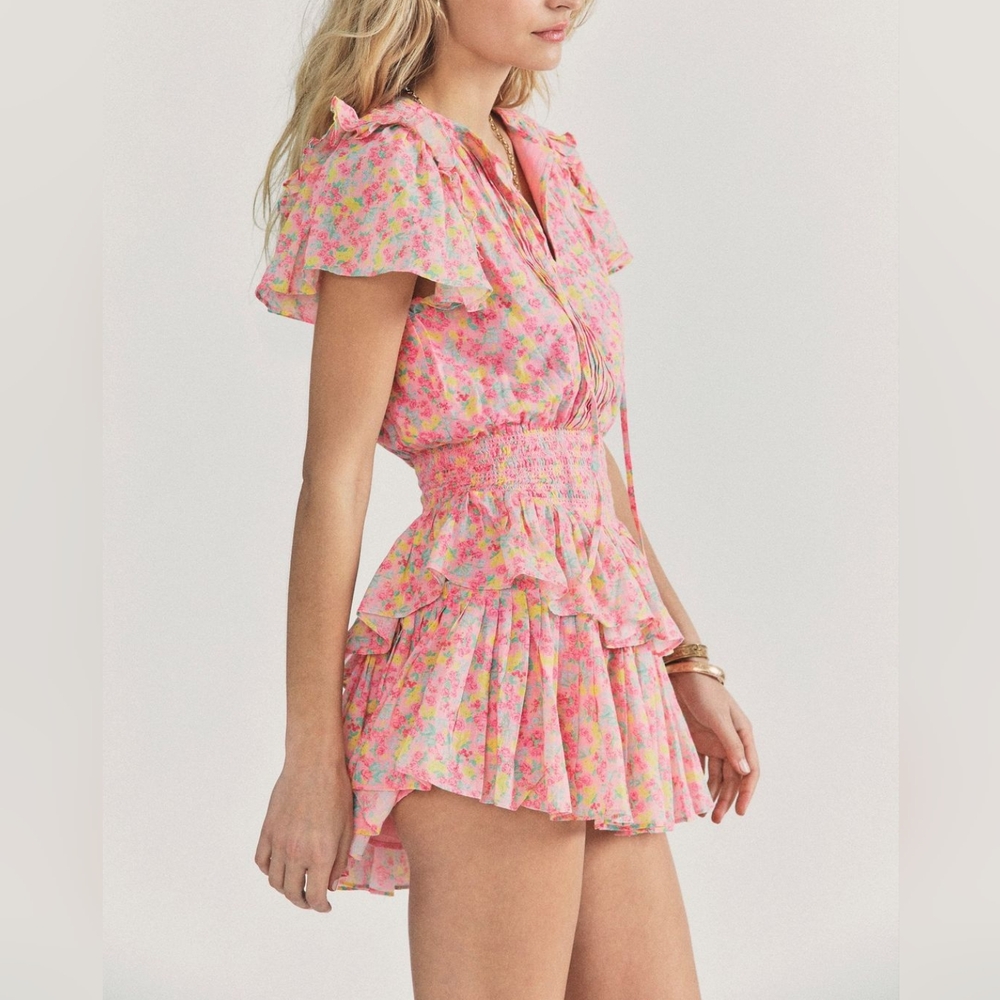Loveshackfancy 🎀 Audette Pink Floral Cotton Ruffled Mini Dress S